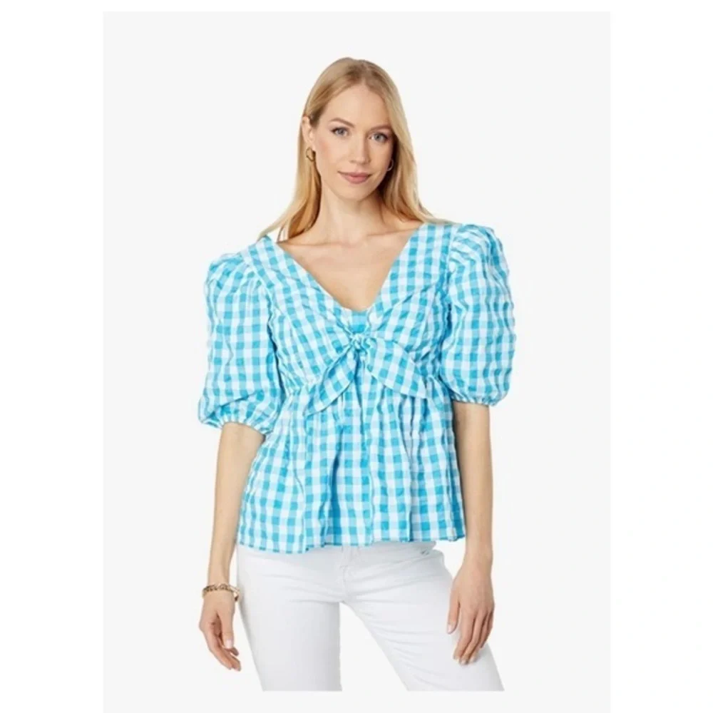 Lilly Pulitzer Sarafina Short Sleeve top size 8 turquoise‎ crinkle gingham